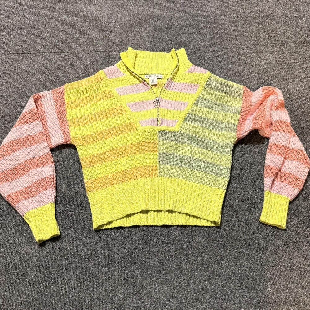 Sincerely Jules Sweater Womens Medium Multicolor Stripe Knit 1/4 Zip Mock Neck